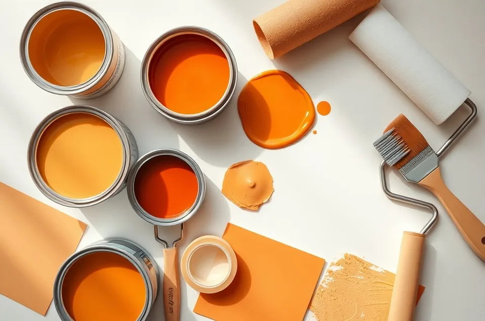 Pots de peinture, nuancier, brosses et rouleaux disposés à plat