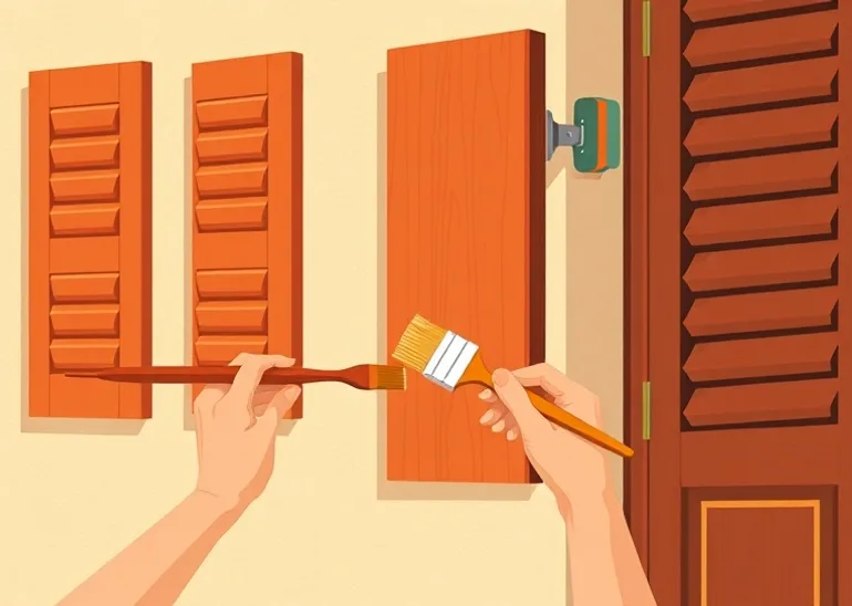 Mise en peinture au pinceau de volets et d'encadrements en bois