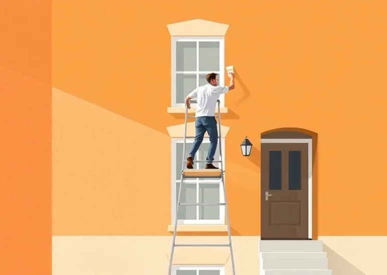 Peintre sur échafaudage traitant la façade d'une maison