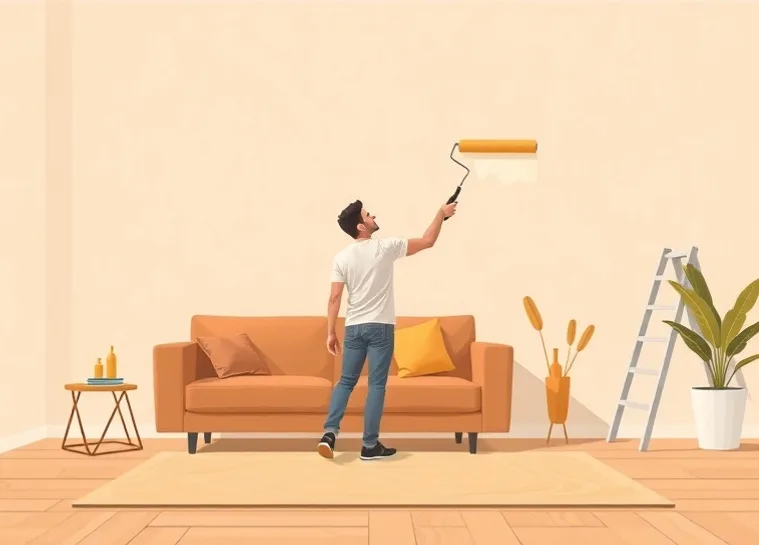 Peintre appliquant la peinture au rouleau sur un mur de salon
